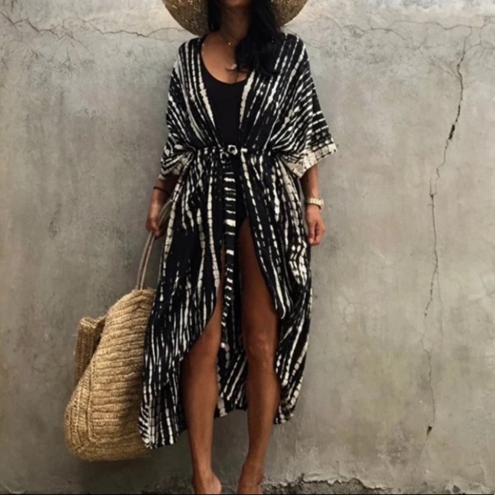 SOLD OUT Black Tie Dye Boho Swim Coverup Kimono Robe - Picture 1 of 4
